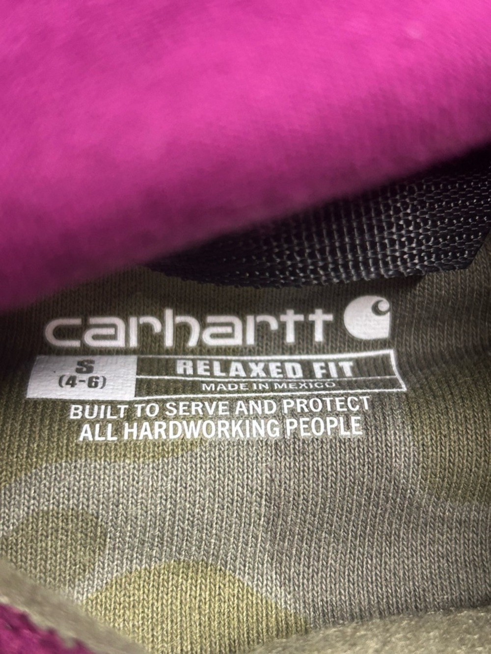 Carhartt Olive Camo Hoodie with Bright Purple Hood - Picture 2 of 7